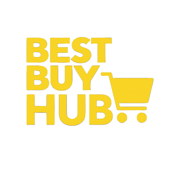 red 'BEST BUY HUB' logo with a shopping cart icon on a white background